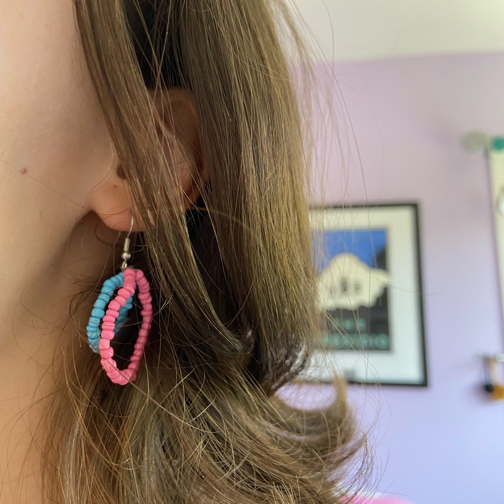Beaded Blue & Pink Hoop Earrings